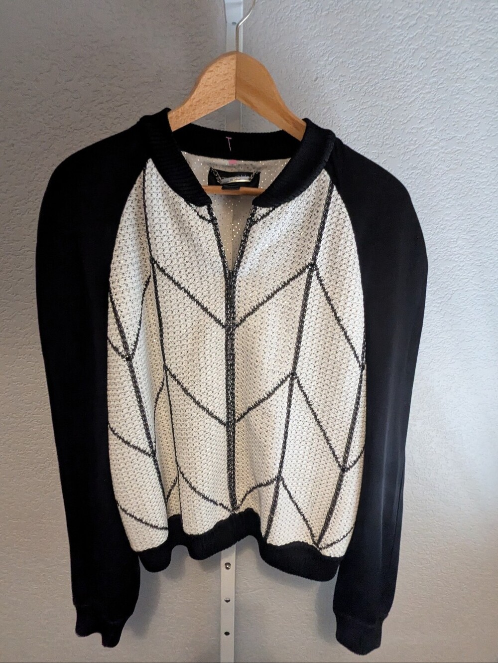 St. John Couture Black White Geometric Knit Bomber Jacket Large